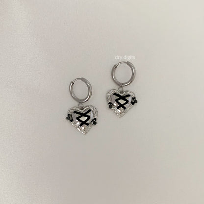 Stitched Heart Hoop Earrings – Silver & Black Gothic Cute Dangles