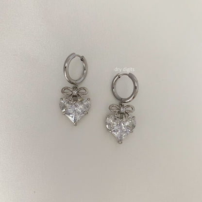 Bow Heart Crystal Hoop Earrings – Silver Dangle Sparkle