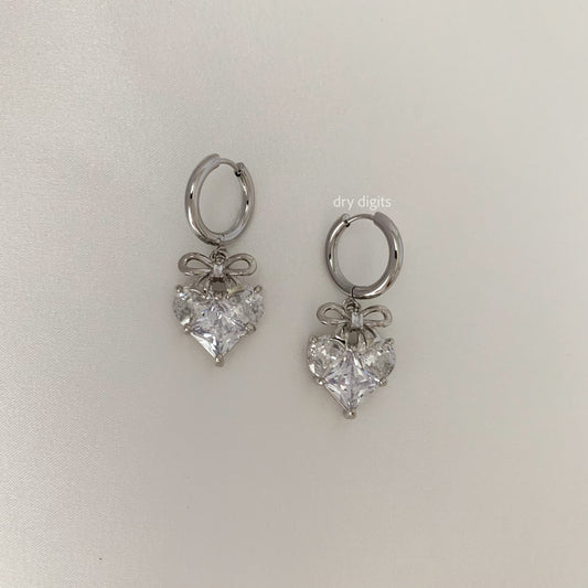 Bow Heart Crystal Hoop Earrings – Silver Dangle Sparkle
