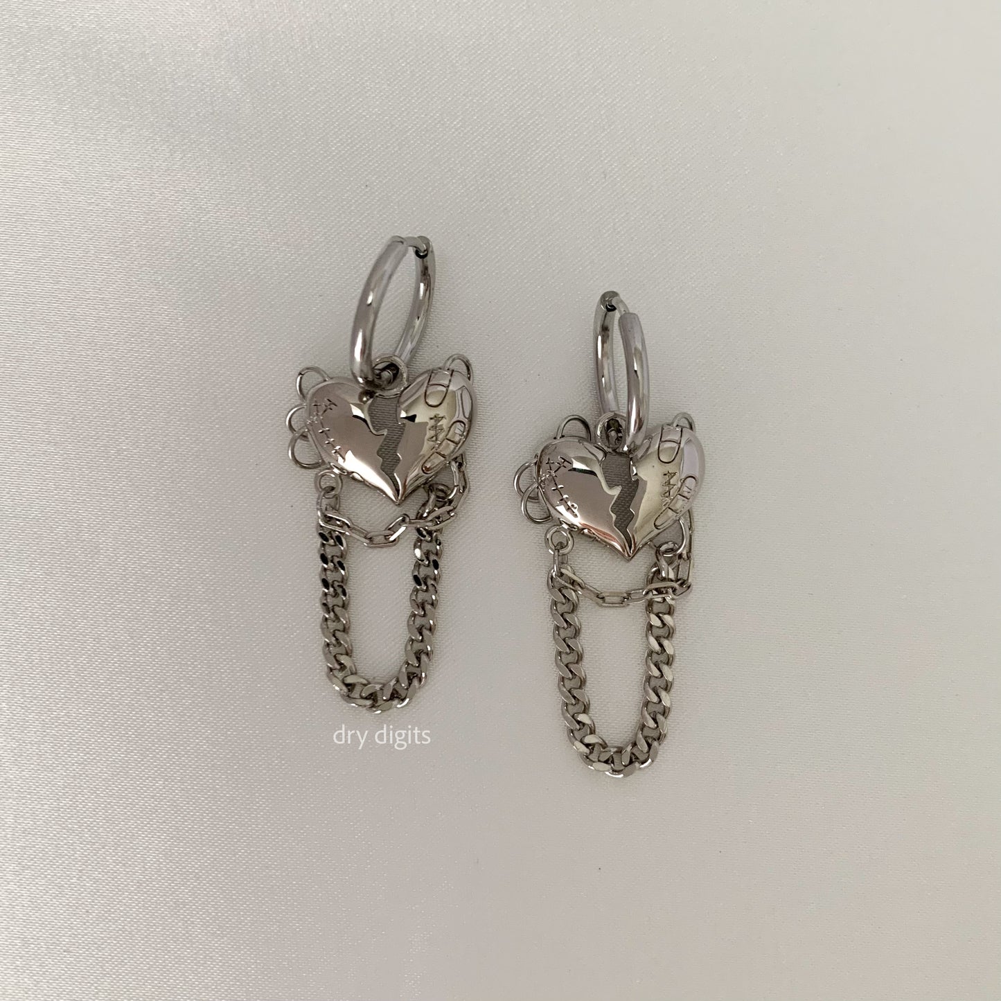 Broken Heart Chain Hoop Earrings – Silver Linked Dangle Set