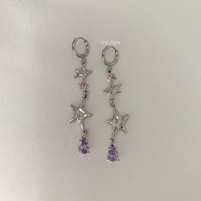 Stardust Cascade Hoop Earrings – Silver Stars with Pink & Purple Crystals