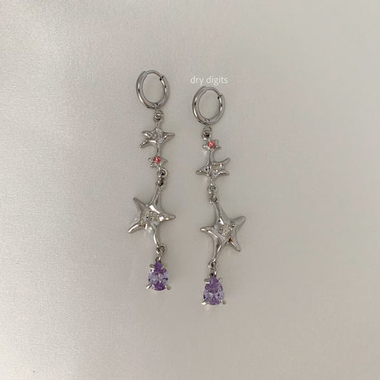 Stardust Cascade Hoop Earrings – Silver Stars with Pink & Purple Crystals