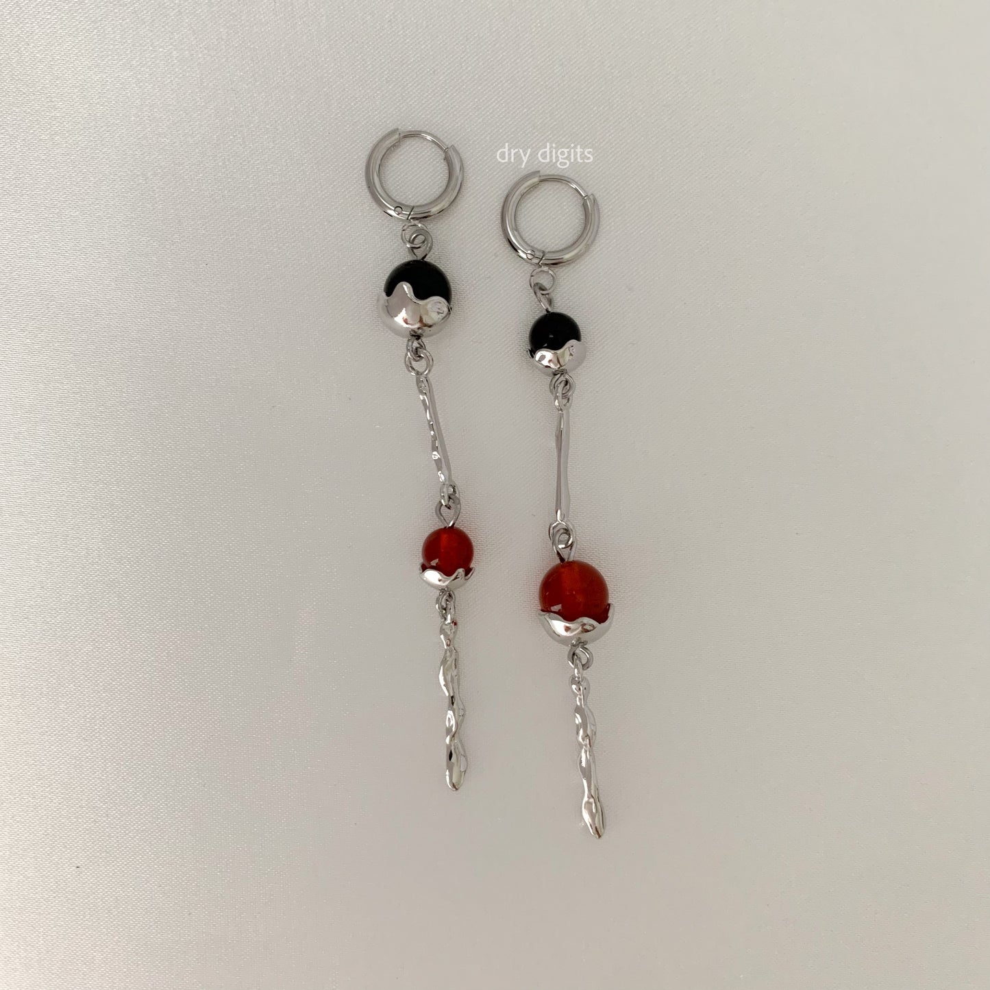 Long Drop Hoop Earrings – Black Onyx & Red Agate Dangle
