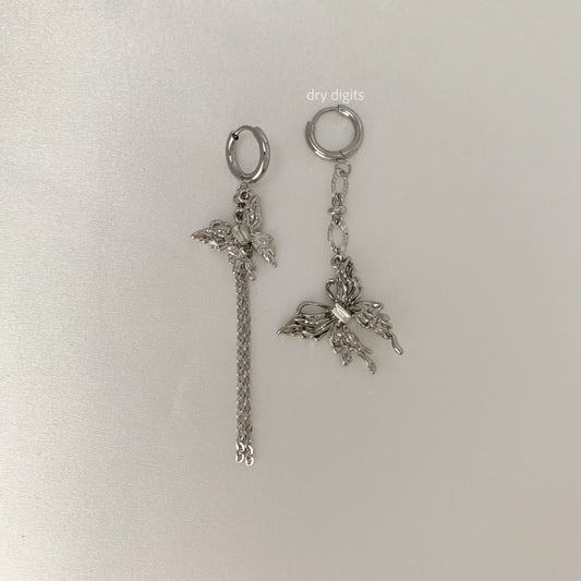 Mismatched Silver Butterfly Chain Hoop Earrings – Long Dangle Set