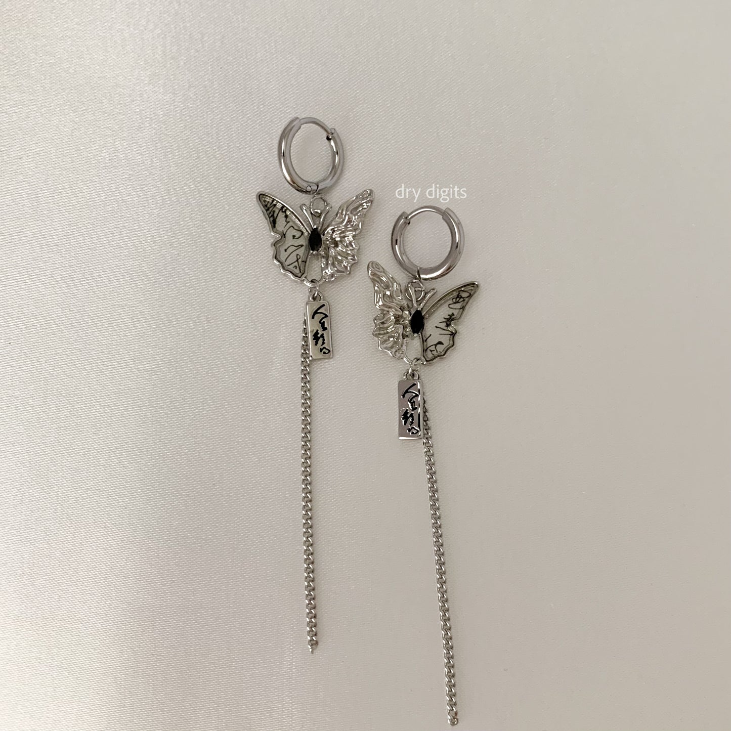 Mismatched Butterfly Chain Hoop Earrings – Silver Long Dangle Set